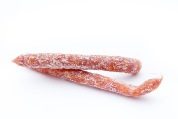 Smoked sausage salami isolated on a white background.