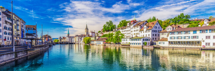 Historic Zürich city center with famous Fraumünster Church, Limmat river and Zürich lake, Zürich, Switzerland