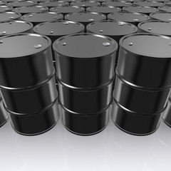 3D illustration of Black Metal Oil Barrels on White Background.