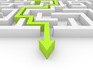 Labyrinth with green arrow. 3d render.