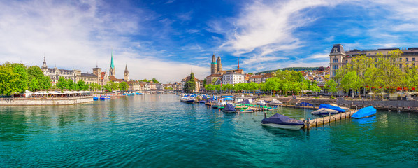 Historic Zürich city center with famous Fraumünster Church, Limmat river and Zürichsee lake, Zürich, Switzerland - obrazy, fototapety, plakaty