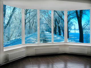 big panoramic windows with view to winter fabulous road