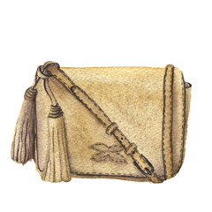 Watercolor beige bag with tassels. Hand drawn isolated fashion illustration on white background.