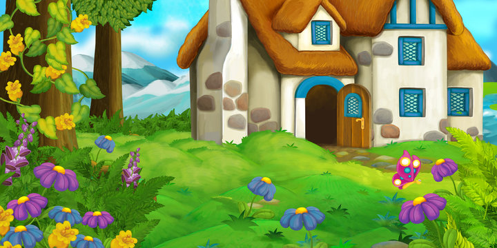 Cartoon background of an old house in the meadow - illustration for children