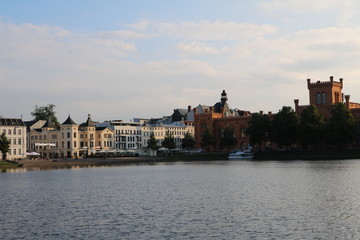 View to old town Schwerin from Pfaffenteich, Mecklenburg Vorpommern Germany