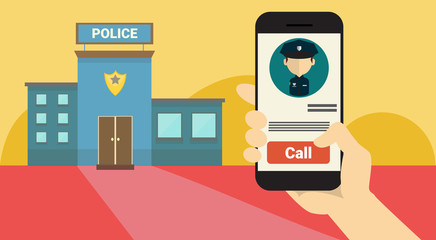 Hand Hold Cell Smart Phone Application Online Police Service Banner Flat Vector Illustration