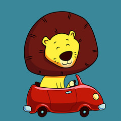 Cute cartoon lion driving a car