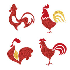 Red and golden roosters logo set. Vector illustration of red cocks, symbol 2017