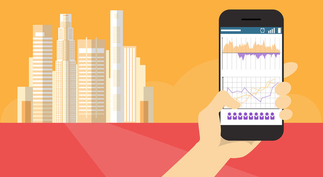 Hand Hold Cell Smart Phone Application Online Finance Business Graph Banner Flat Vector Illustration