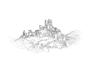 Fototapeta na wymiar Famous English Castle Landscape. Ancient Architectural Ruins Background. Travel UK Landmarks engraving sketch