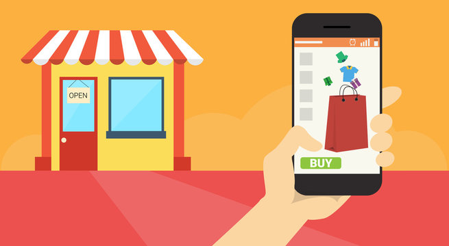 Hand Hold Cell Smart Phone Application Online Shopping Banner Flat Vector Illustration