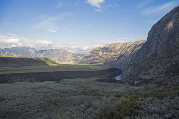 Morning in the valley of Katun river. Altai Mountains, Russia.