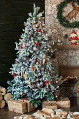 Merry christmas and new year background. Classic green tree decorated in christmas toys.
