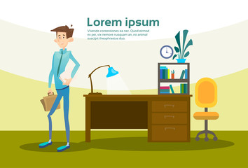 Business Man Interior Workplace, Businessman Manager Office Worker Flat Vector Illustration