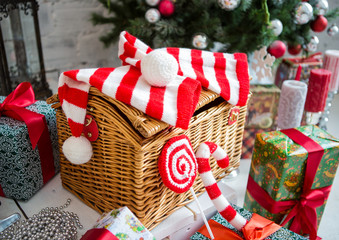 Fototapeta na wymiar Christmas decorations, Christmas tree, gifts, new year