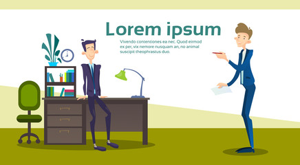 Obraz premium Business Man Interior Workplace, Businessman Manager Office Worker Flat Vector Illustration