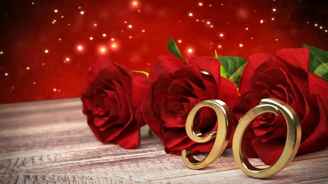 seamless loop birthday background with red roses on wooden desk. ninetieth birthday. 90th. 3D render