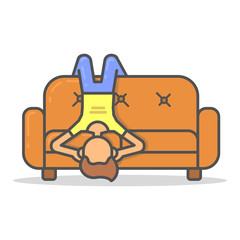 Man lazy on couch in room flat style. Vector character on sofa line illustration.