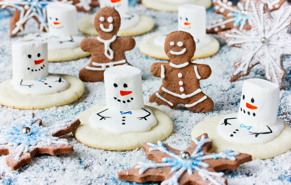 Christmas Cookies - melting snowman, gingerbread man, snowflake