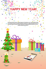 Decorated Workplace Cell Smart Phone Happy New Year Decoration Flat Vector Illustration