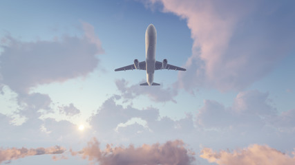 Passenger airliner flying overhead high in the sky above fluffy cumulus clouds at sunrise or sunset. 3D illustration.