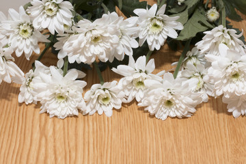 Fototapeta na wymiar group of white flower on wooden desk,white flower have green leaf,green leaf make oxygen,copy space
