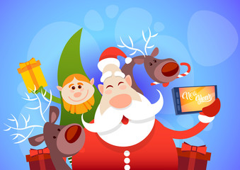 Santa Claus With Reindeer Elfs Making Selfie Photo, New Year Christmas Holiday Greeting Card Flat Vector Illustration