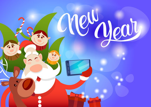 Santa Claus With Reindeer Elfs Making Selfie Photo, New Year Christmas Holiday Greeting Card Flat Vector Illustration