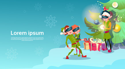 Santa Helper Green Elf Group Wear Digital Glasses Virtual Reality Merry Christmas Happy New Year Flat Vector Illustration