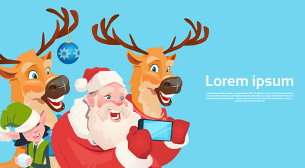 Santa Claus With Reindeer Elfs Making Selfie Photo, New Year Christmas Holiday Greeting Card Flat Vector Illustration