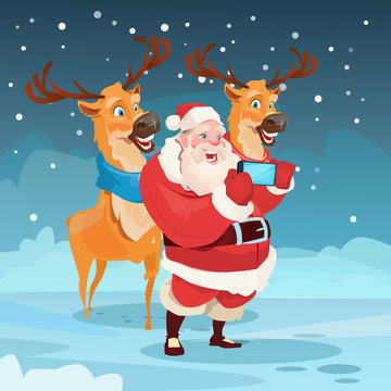 Santa Claus With Reindeer Making Selfie Photo, New Year Christmas Holiday Greeting Card Flat Vector Illustration