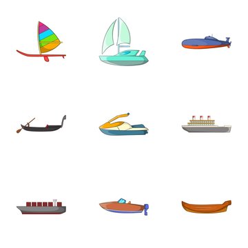 Water transport icons set. Cartoon illustration of 9 water transport vector icons for web