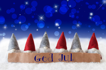 Gnomes, Blue Bokeh, Stars, God Jul Means Merry Christmas