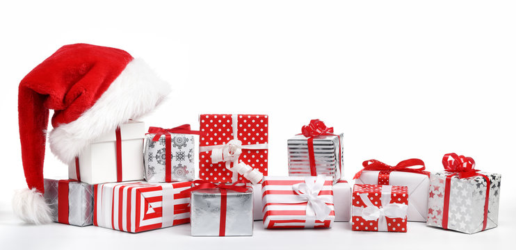 Gift boxes with Santa Claus hat