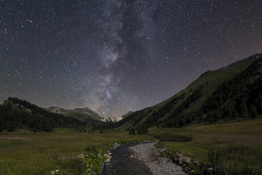 Milky way landscape over field and river landscape