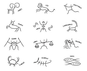 Naklejka premium Set astrological sign of zodiacal constellations in the form of petroglyphs and cave paintings, drawings on the rocks, isolated object