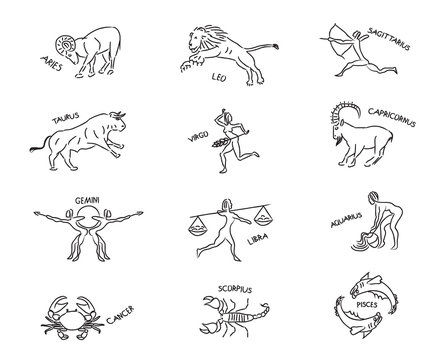 Set astrological sign of zodiacal constellations in the form of petroglyphs and cave paintings, drawings on the rocks, isolated object