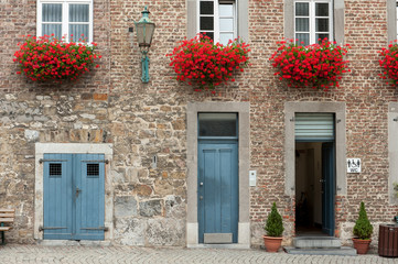 Fototapeta na wymiar Doors to buildings and red flowers in Aachen