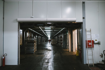 Industrial interiors. Large underground facility for storage of huge amounts of frozen food.