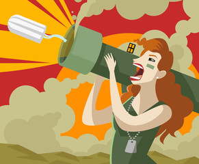 angry woman shooting a tampon with a bazooka