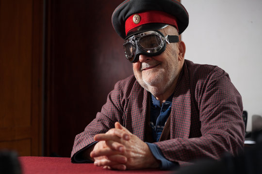 Funny Old Man With Pilot Goggles And Cap