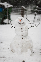 Hand built snowman in snowstorm with carrot nose, rocks for buttons and face and twigs for arms with fence and forest snowing snowflakes background 