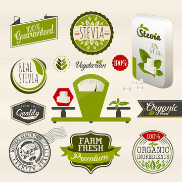 Stevia and Organic food label Set. Farm Fresh label and Logo element. Organic,bio,ecology natural design template. Easy editable for Your design. Retro logotype icon.