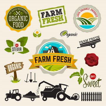 Stevia and Organic food label Set. Farm Fresh label and Logo element. Organic,bio,ecology natural design template. Easy editable for Your design. Retro logotype icon.