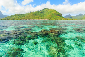Beautiful sea with mountain and resort background in Moorae Island at Tahiti , PAPEETE, FRENCH POLYNESIA