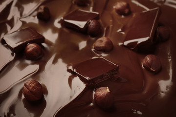 Delicious melted pieces of chocolate bar with hazelnuts, closeup