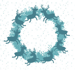 Christmas wreath with deer. Hand drawn wreath. Round frame for Christmas cards. Vector illustration isolated on snow background,cartoon style