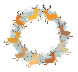 Christmas wreath with deer. Hand drawn wreath. Round frame for Christmas cards. Vector illustration isolated on snow background,cartoon style