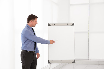 Business trainer giving presentation on whiteboard