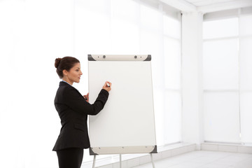 Business trainer giving presentation on whiteboard